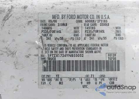 2000 Ford F-150 Work Series/Xl/Xlt из США, поврежденный, VIN 1FTZX1724YNB55052